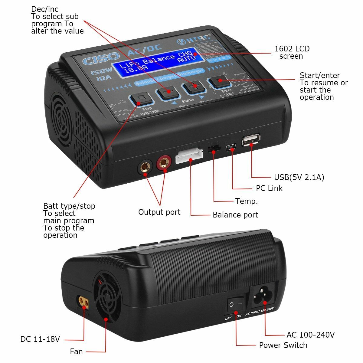 Lipo Charger Battery HTRC C150 AC/DC 150W 10A RC Balance Discharger for LiHV LiF