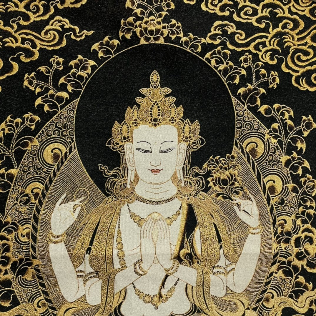 35" Decor Silk Cloth Embroidery black gold 4 Arm kwan yin thangka Mural guanyin