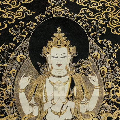 35" Decor Silk Cloth Embroidery black gold 4 Arm kwan yin thangka Mural guanyin