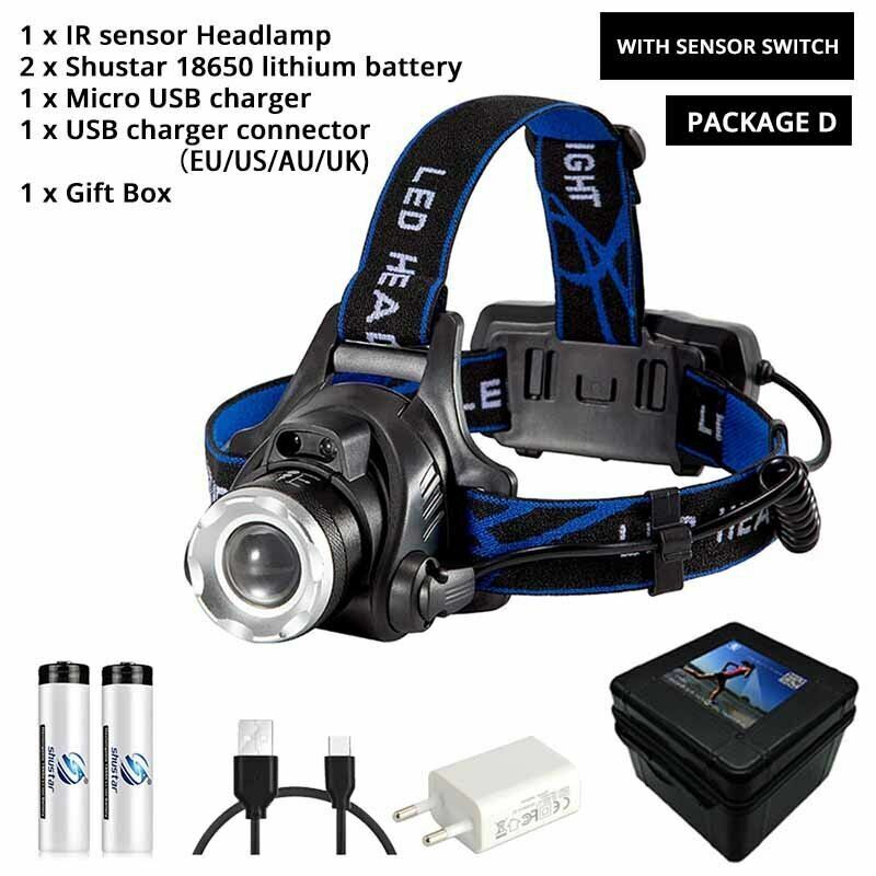 LED Headlamp Super Bright Sensor Zoomable Fishing Lamp Lighting 18650 Batteries
