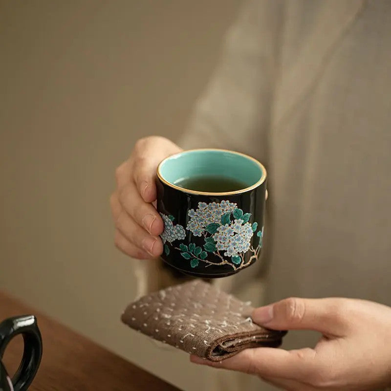 100Ml Ceramic Handmade Cloisonné Black Glazed Embroidered Ball Tea Tasting Cup -