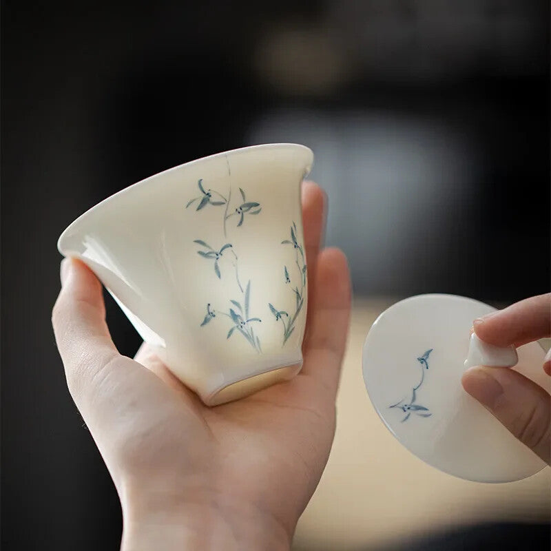 Hand-painted Orchid Gaiwan Cover Bowl Ceramic Tea Making Bowl Chinese Tea Cup