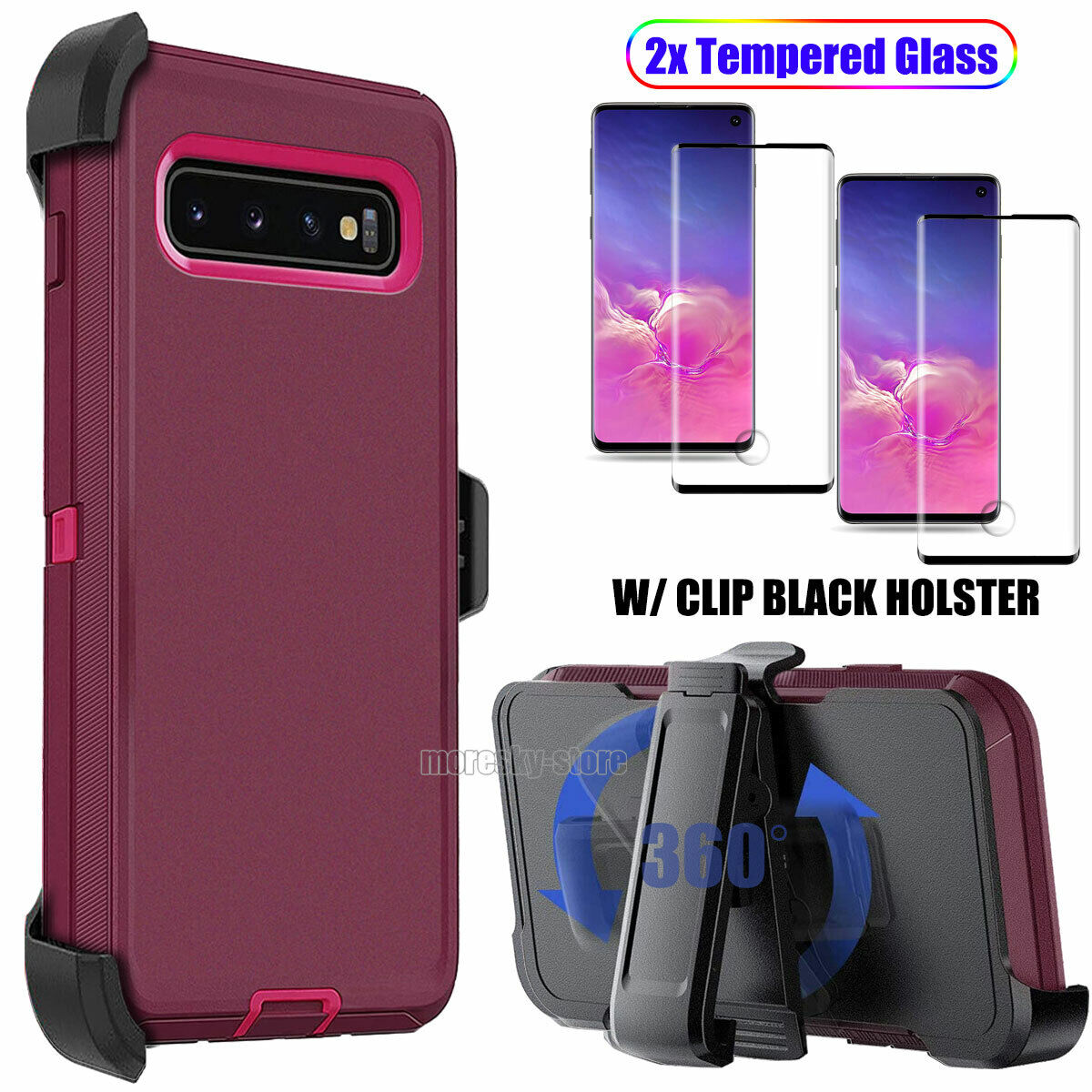 For Samsung Galaxy S10/+/S10e Case, Clip Holster Cover, Tempered Glass Protector