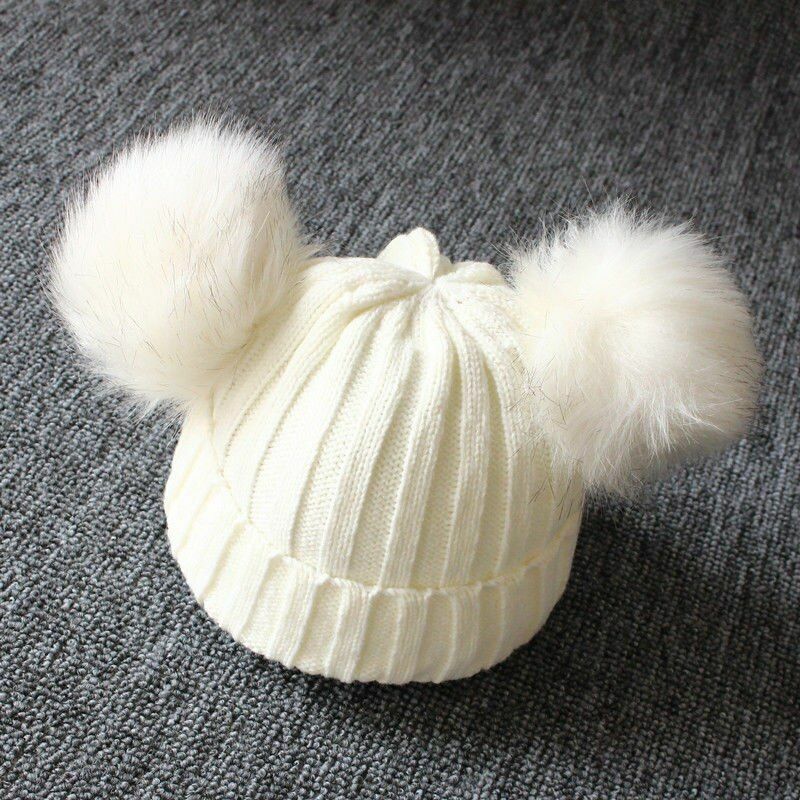 Knit Hat Newborn Baby Kid Girls Boys Winter Warm Furry Balls Pompom Solid Lovely