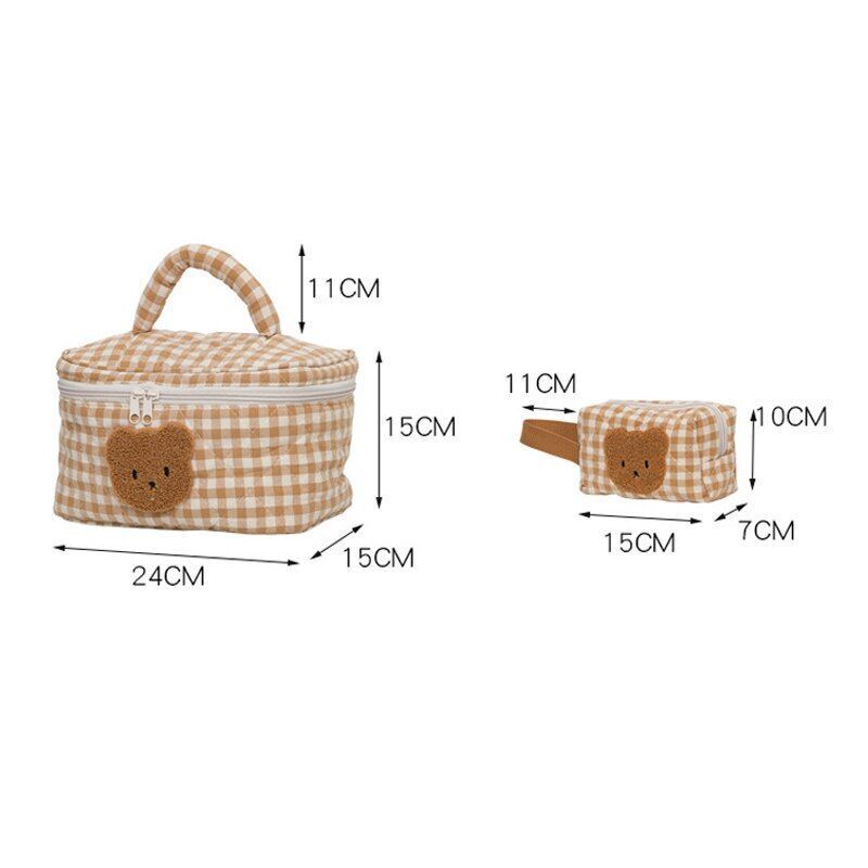 Cute Bear Makeup Bag Large Portable Cosmetic Bags Zipper Cotton Plaid Pouch Case