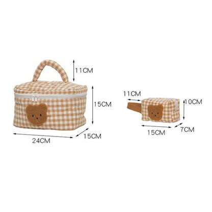 Cute Bear Makeup Bag Large Portable Cosmetic Bags Zipper Cotton Plaid Pouch Case