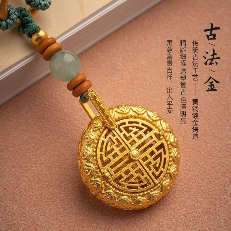 Vintage Gold Car Pendant 39.5cm Openable Heart Sutra Jade Car Mirror Hanger