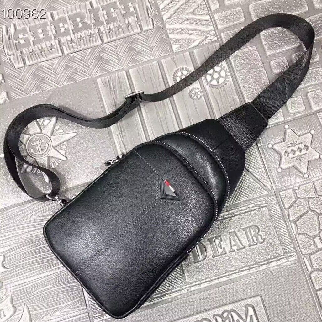 Soft Cow Leather Black Crossbody Chest Bag Hiking Sling Backpack Shoulder Bag