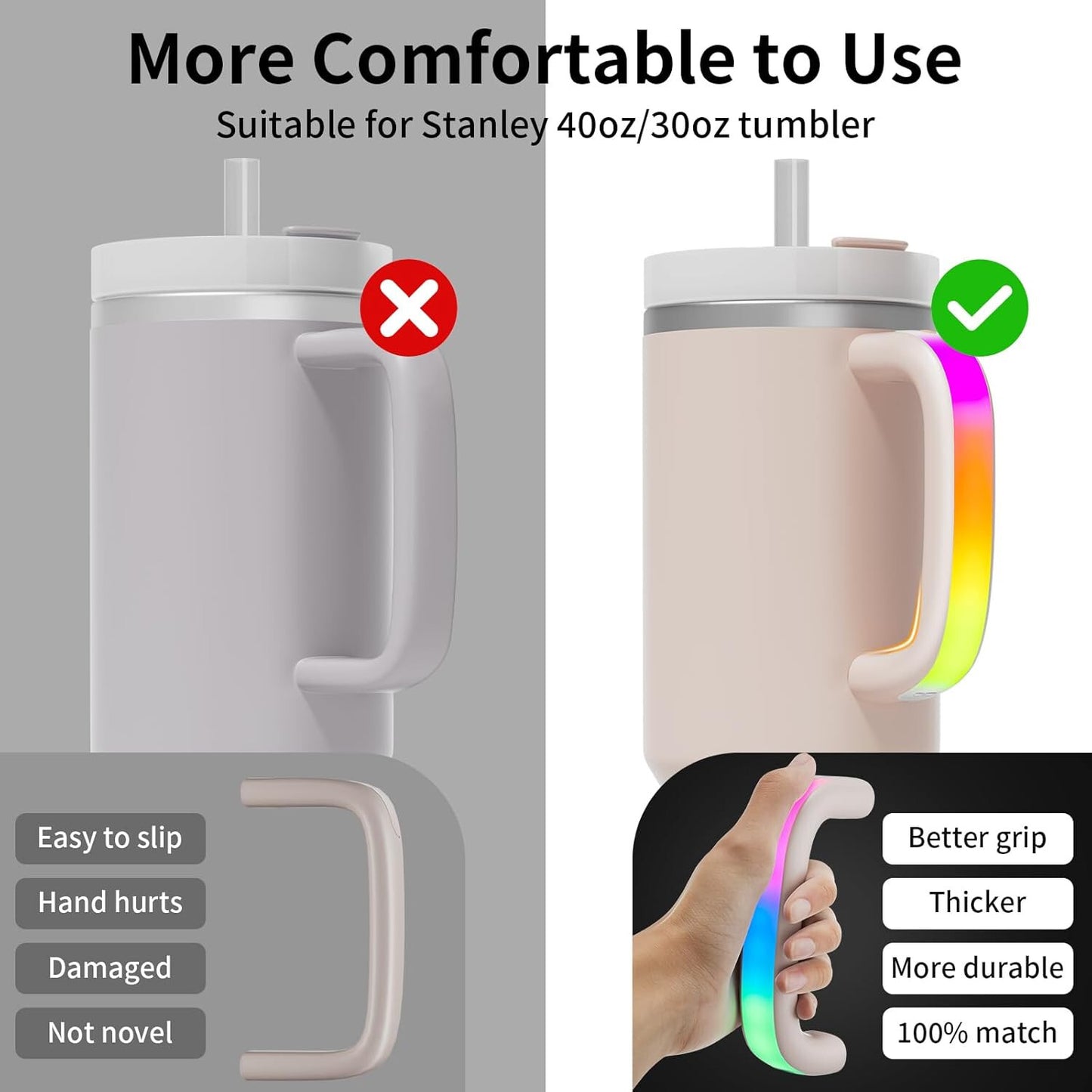 6 Colors LED Light-Up Tumbler Handle for Stanley 40oz/30oz, Comfortable Cup Hand