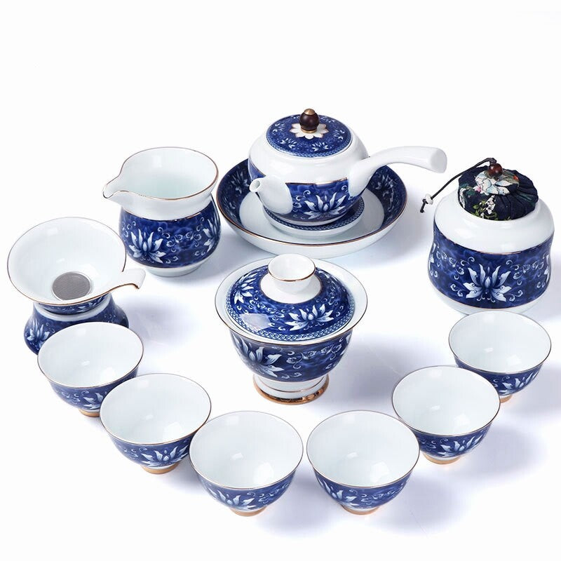 Complete Tea Set Blue-and-white Porcelain Tea Pot Gaiwan Matching Cup Filter Net