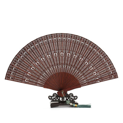 Red Sandalwood Suzhou Fan Hollow Peacock Feather Folding Fan with Stand