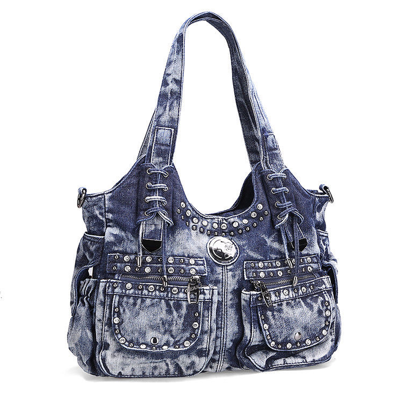 Ladies Punk Rock Travel Denim Rivet Shoulder Handbag Messenger Denim Bag Fashion