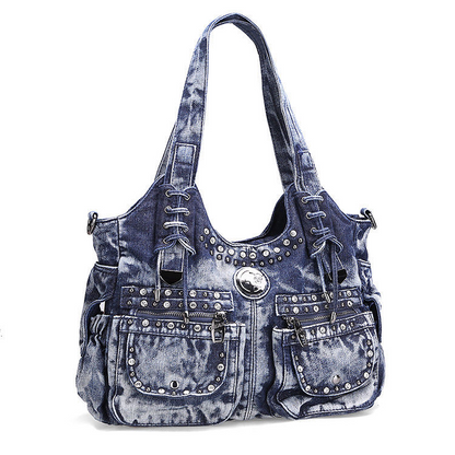 Ladies Punk Rock Travel Denim Rivet Shoulder Handbag Messenger Denim Bag Fashion