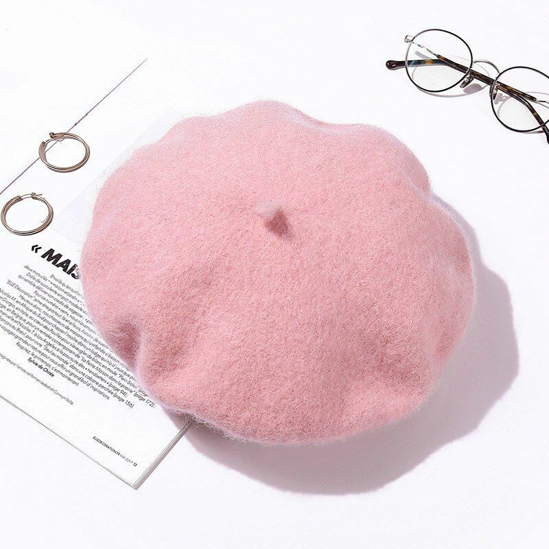 Wool Beret Hats Women Pure Felt British Style Solid Color Slouchy Winter Female