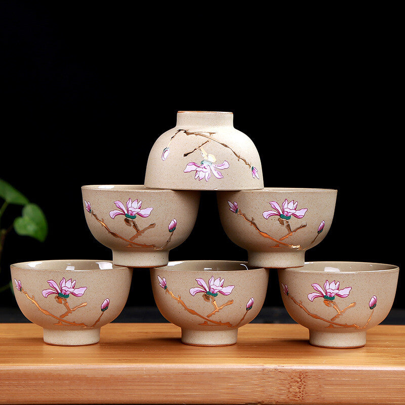 One Cup On Sales Ceramic Crude Pottery Tea Cup Orchid Floral Print Master Cup