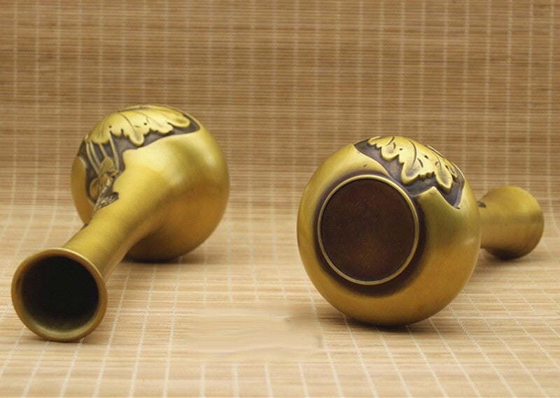 Pair Brass Vase Lotus Carved Decor Flower Holder Craft Buddhism