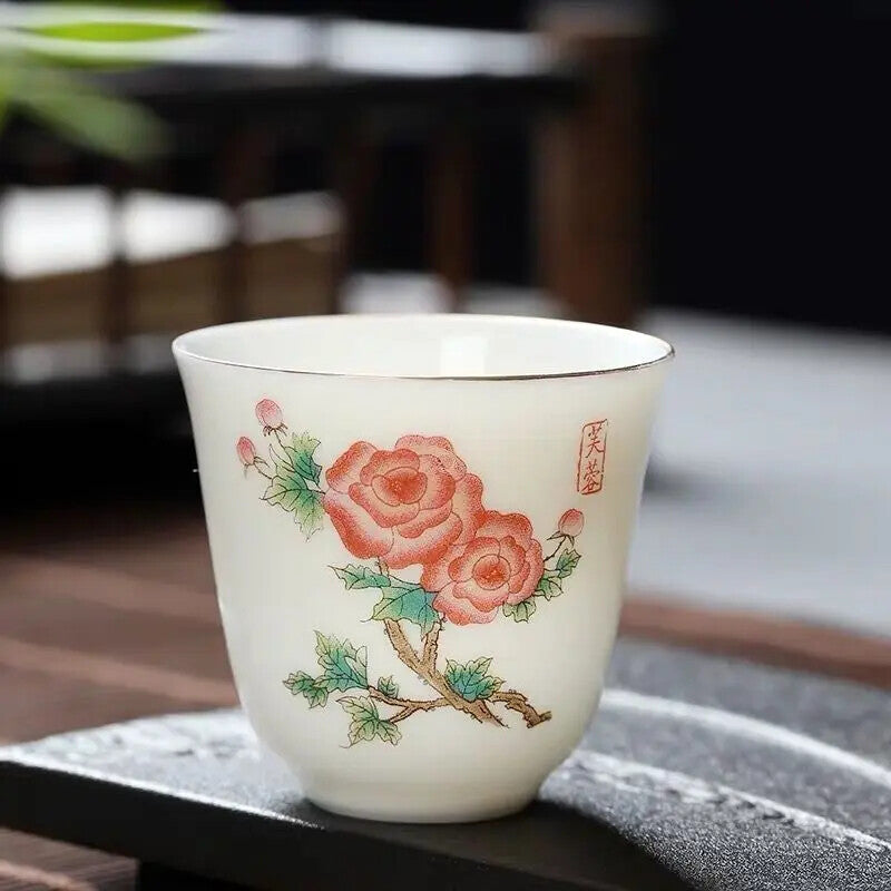 2.08" Chinese Ceramic Teacup Travel Meditation Hand Painted Lotus Leaf Tea Bowl
