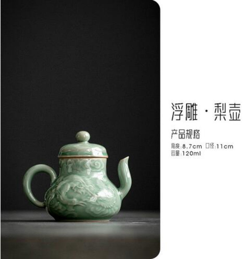 120ml Yue Kiln Celadon Plum Green Glaze Retro Handmade Relief Dragon Teapot