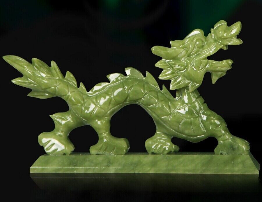 Green Jade Stone Carved Chinese Dragon Statue Feng Shui Table Decor
