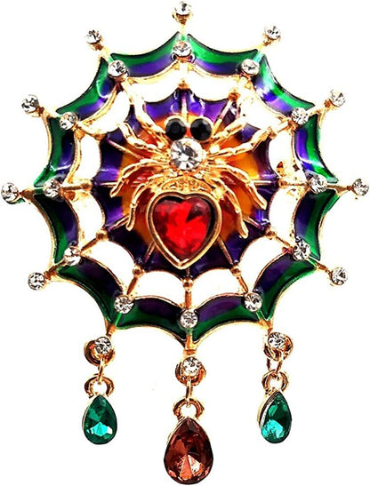 1.57" Colorful Enameled Web Red Heart Spider Brooch Pin Teardrop Short Tassel