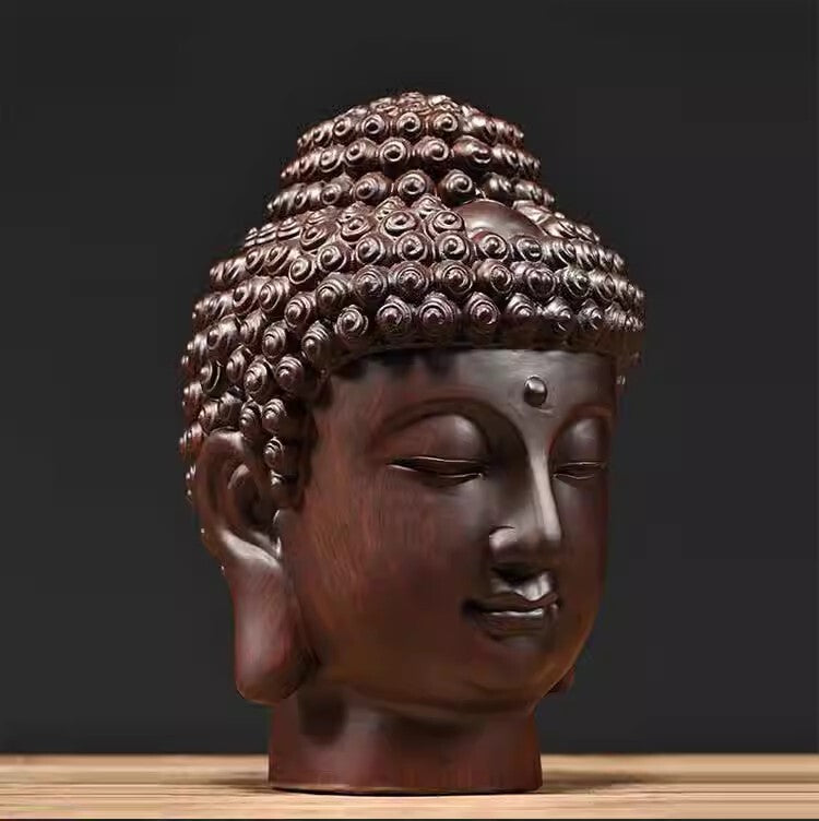 12" Natural Ebony Wood Carved Sakyamuni Buddha Head Statue Buddhism Collection