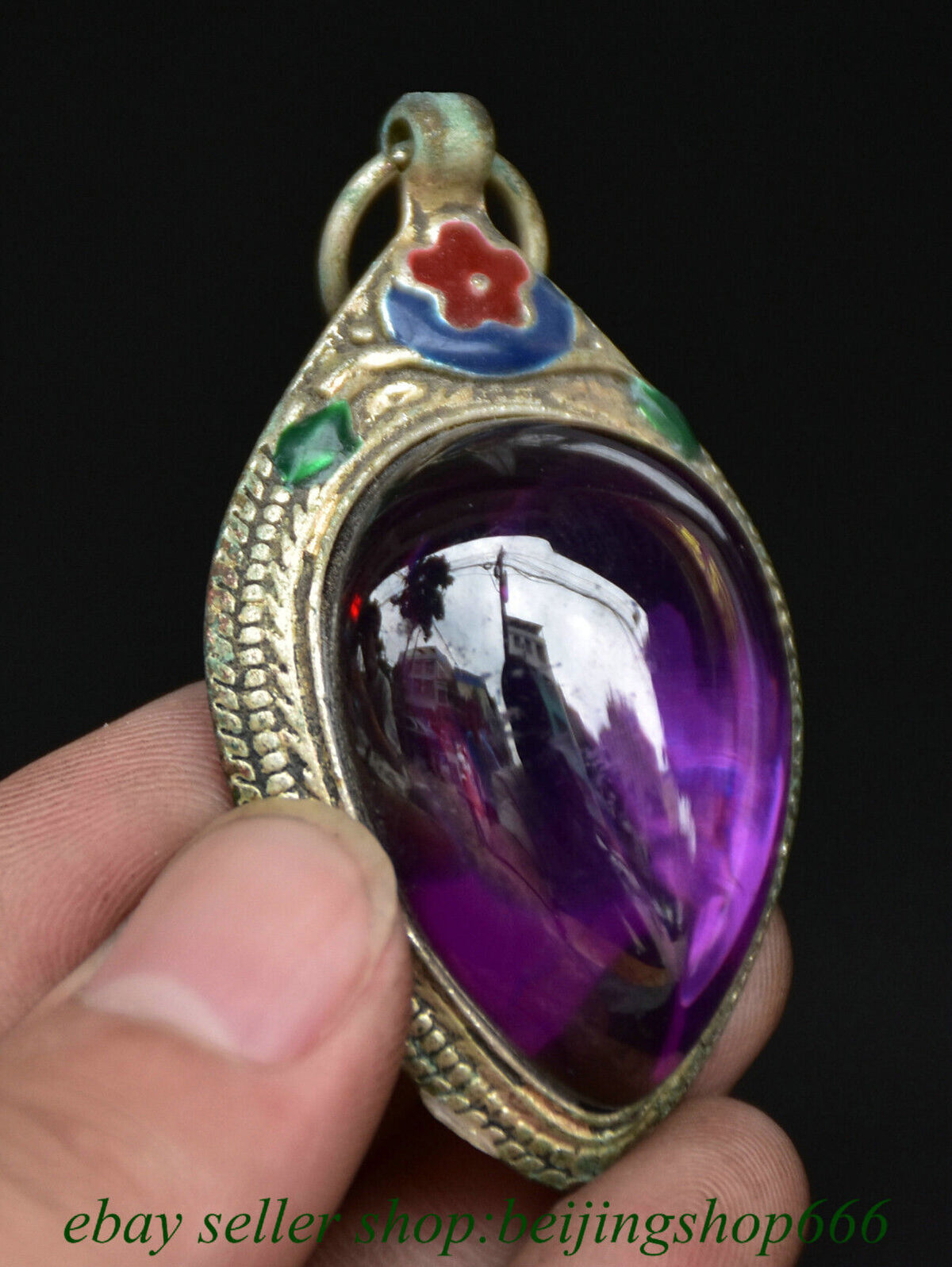 2" Old Chinese Copper Cloisonne Purple Gems Jewelry Pendant Amulet