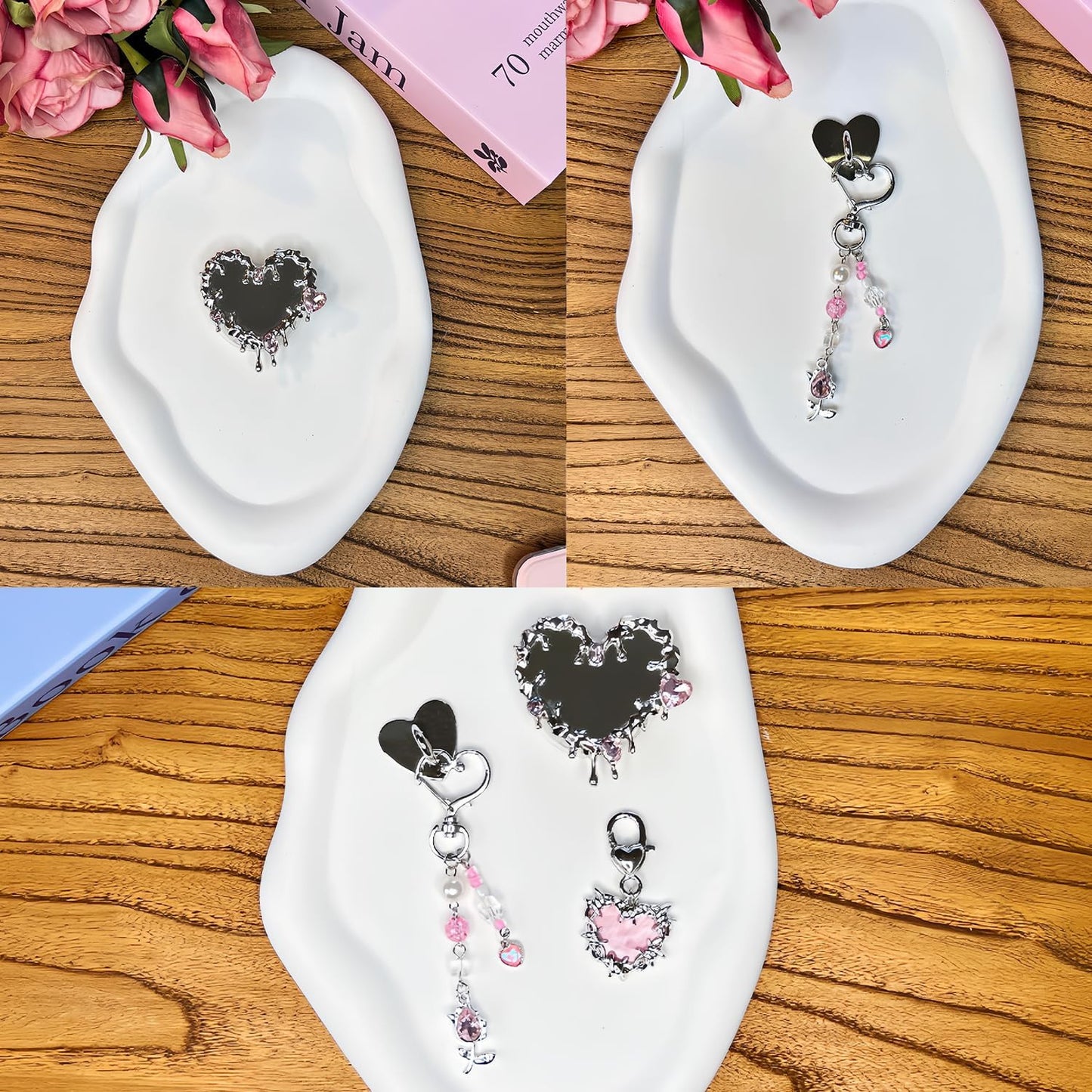 Cute Charms Set for Kindle,Including Y2K Style Heart Grip Holder, Pink Heart Cha