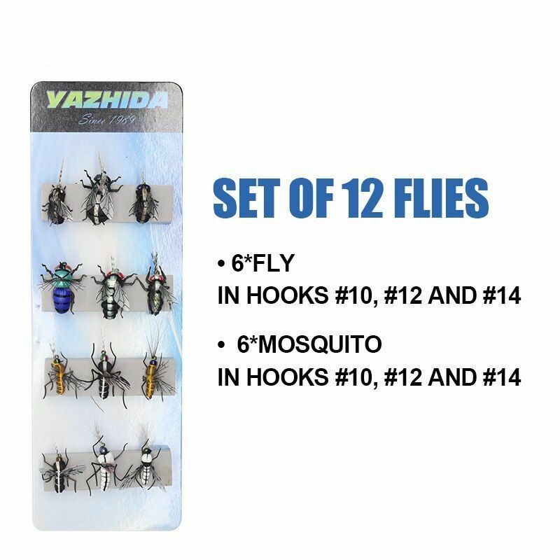 Fly Fishing Flies Sets 12pcs Mosquito Housefly Realistic Insect Lure Trout Kits