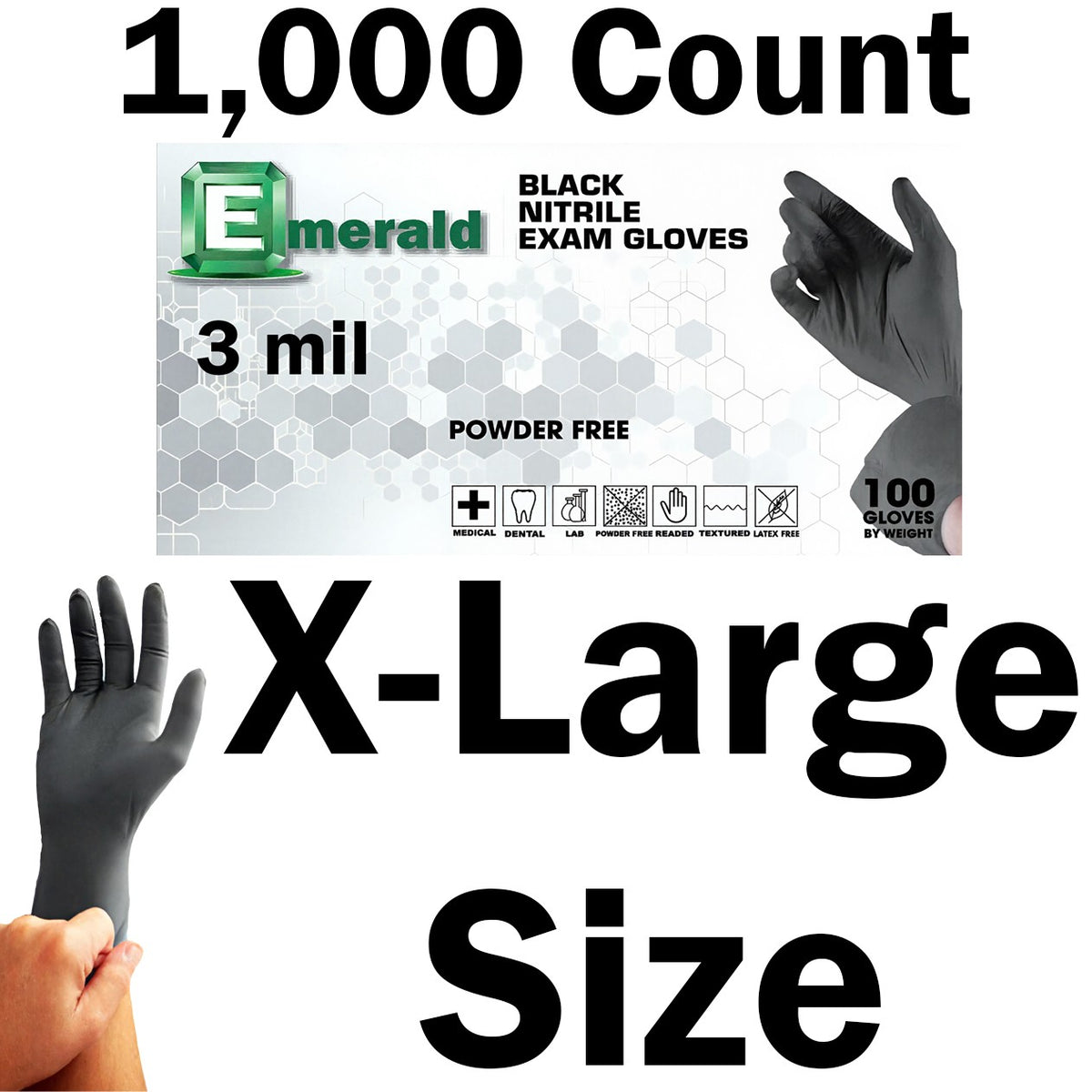 1,000 SIZE X-LARGE Powder-Free Nitrile Gloves, 3 Mil, Food Grade, Disposable