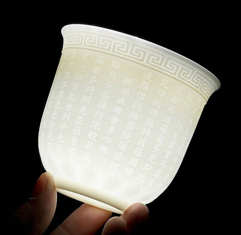 3.2inch Ceramic Carved Heart Sutra Tea Cup Buddhist Drinking Teacup Handicrafts