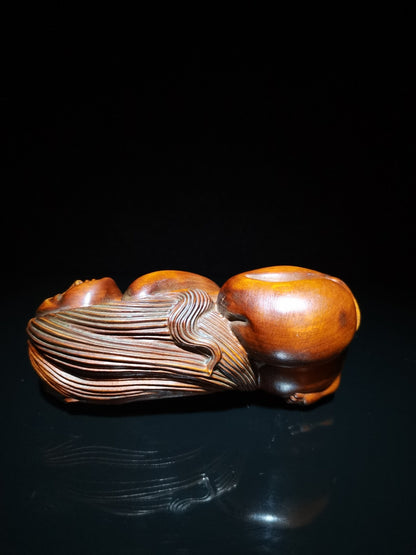 Rare old Boxwood Mermaid girl Wood Hand Carved Statue netsuke hand piece tea pet