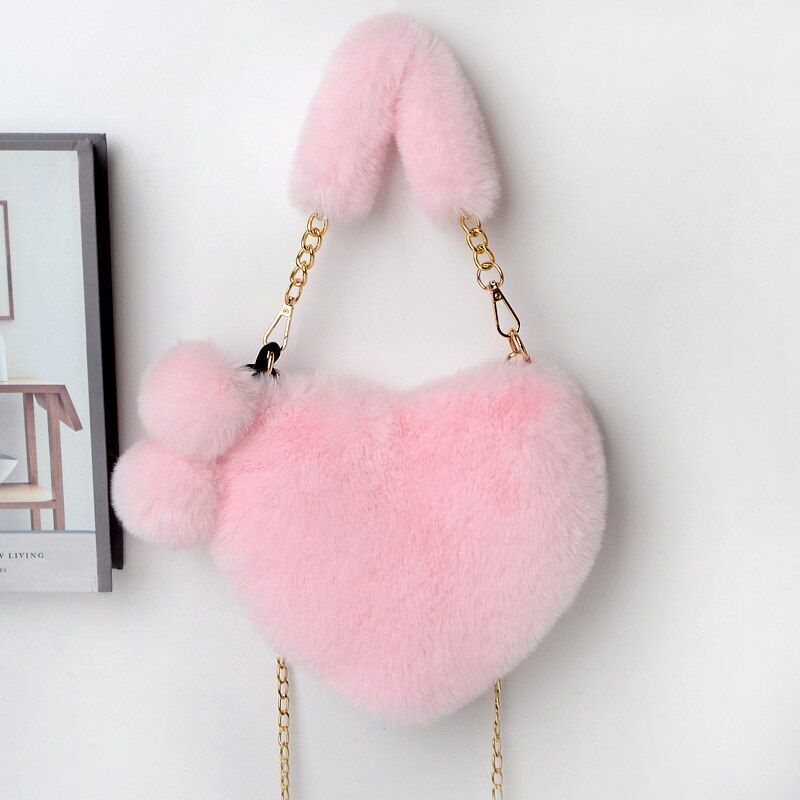 Faux Fur Winter Handbag Heart Shape Shoulder Bag Clutch Purse Chain Velvet Pouch