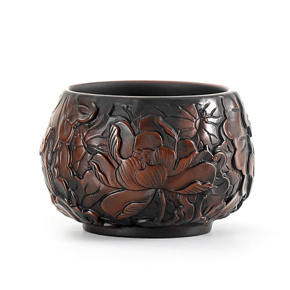One Cup Handmade Floral Dragon Carved Yixing Zisha Purple Pottery Kungfu Teacups