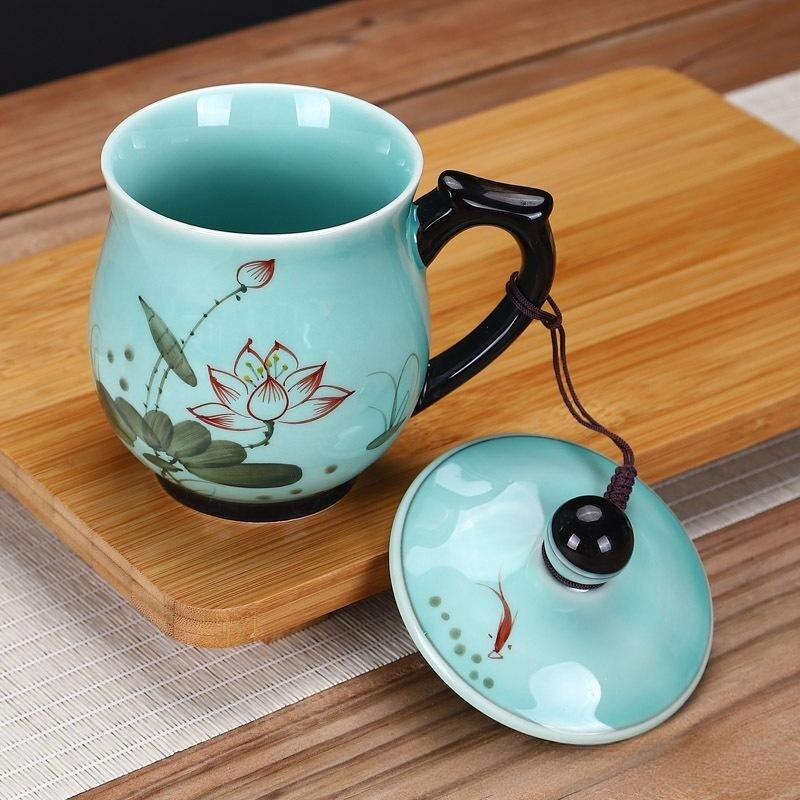 porcelain office cup 400ml handpainted craft lognquan celadon teacup with handle
