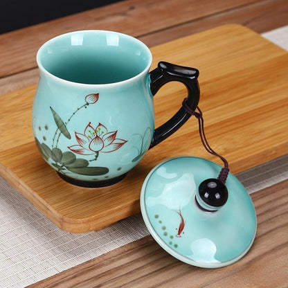 porcelain office cup 400ml handpainted craft lognquan celadon teacup with handle