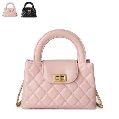 Small Quilted Real Leather Tote Flap Purse Clutch Shoulder Bag w/ Chain Fashion