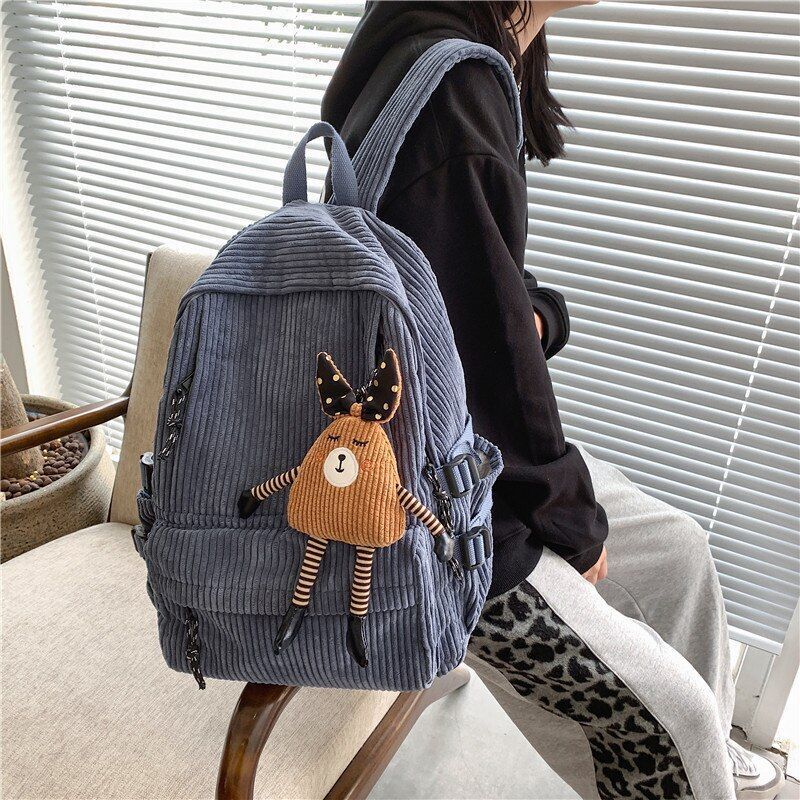 Corduroy Backpack Cartoon Cute School Bag Large Women Corduroy 35-55L Brown/Blue
