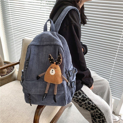 Corduroy Backpack Cartoon Cute School Bag Large Women Corduroy 35-55L Brown/Blue