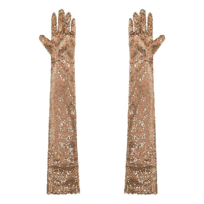 Women Gloves Vintage Shiny Sequin Finger Elbow Length Long Mittens Opera Costume