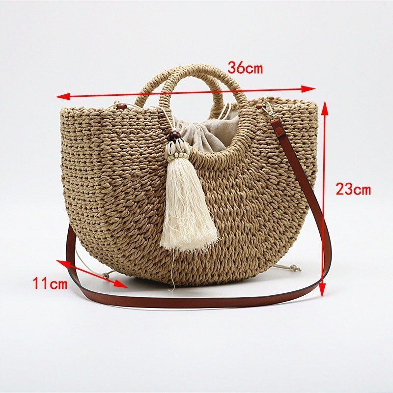 Straw Bag Spring/Summer Casual Round Handle Thick Woven Shopping Bag 36*23*11 CM