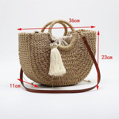 Straw Bag Spring/Summer Casual Round Handle Thick Woven Shopping Bag 36*23*11 CM