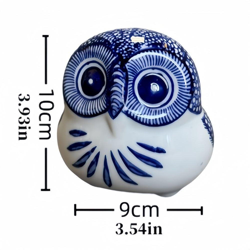 Blue and White Porcelain Owl Figurine (10cm) - Cute Tea Pet Desktop Decor