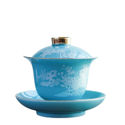 160ml Porcelain Gaiwan Flower Relief Sancai Bowl Saucer Ceramic Tureen Lid Gift