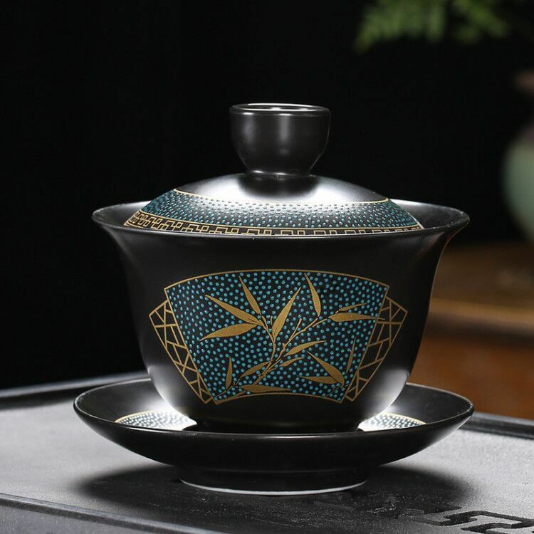 Chinese Tea Set Classical Gaiwan Cup Black Clay 180ml Traditional Handmade Bowl