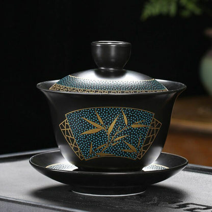 Chinese Tea Set Classical Gaiwan Cup Black Clay 180ml Traditional Handmade Bowl