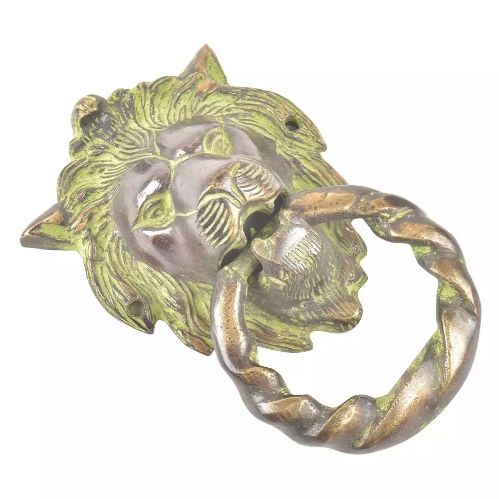 Antique Look Brass Lion Head Green Patina Door Knocker Door Bell Home Decor