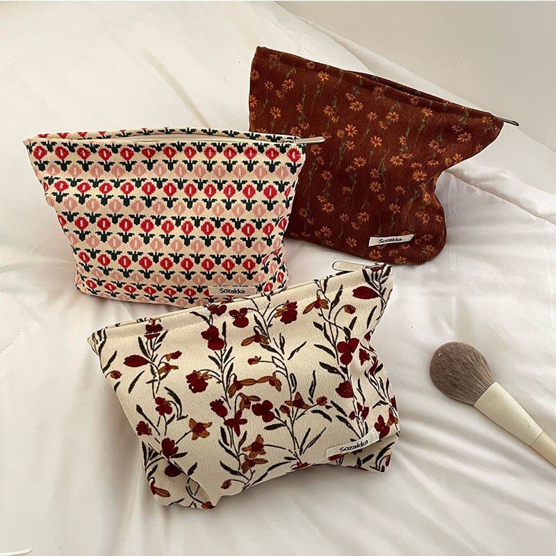 Fashion Corduroy Cosmetic Bag Retro Flower Print Travelling Beauty Storage Bags