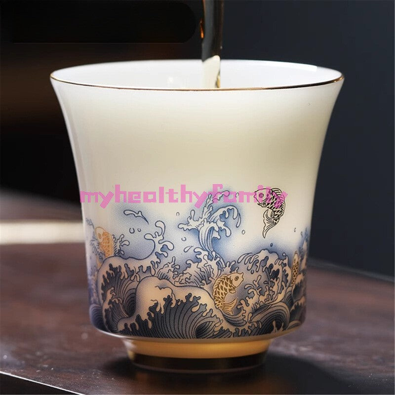 100ML Exquisite Ceramic Blue and White Sheep Fat Jade Small Glass Tea Set