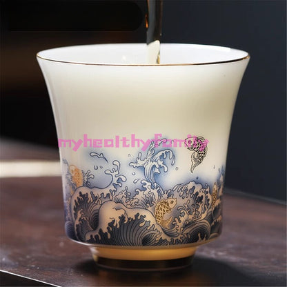 100ML Exquisite Ceramic Blue and White Sheep Fat Jade Small Glass Tea Set