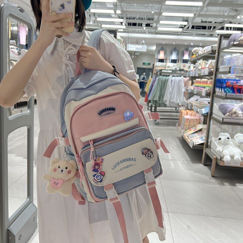 Patchwork Badge Woman Backpack Waterproof High School Bags 31*15*44 /30*13*41 CM